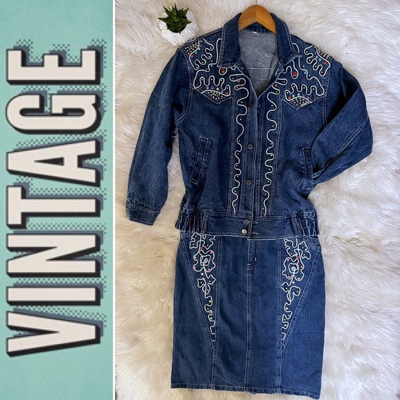 Vintage 1980s western denim skirt/jacket set